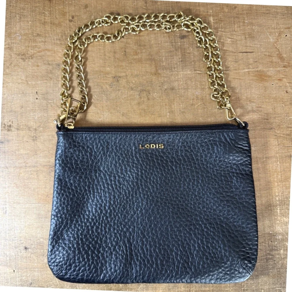 Lodis‎ Black Leather Gold Chain Convertible Wristlet Crossbody